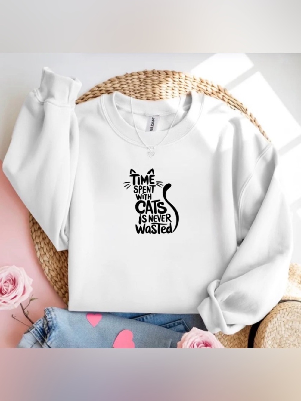 Time Spent With Cats White Crewneck Sweatshirt Cat Lover Quote Shirt